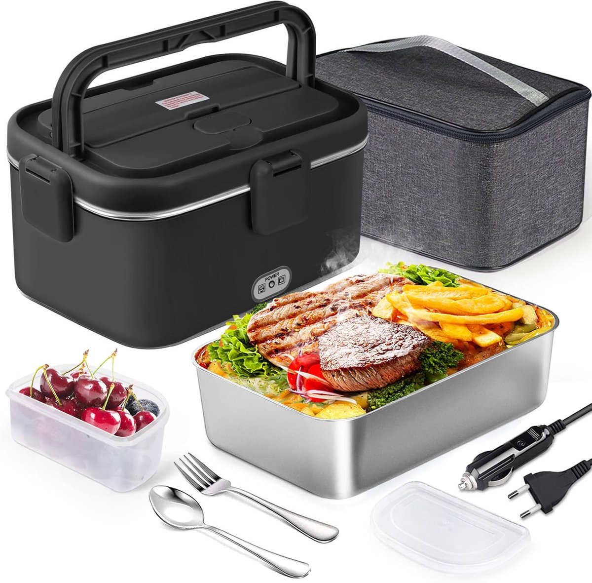 SnelShoppen - Elektrische Lunch Box 1.8L 80W voor Auto, Truck & Kantoor - Stalen Warmhouddoos met Bestek - Zwart - Ideaal voor Thuis, Werk & Reizen