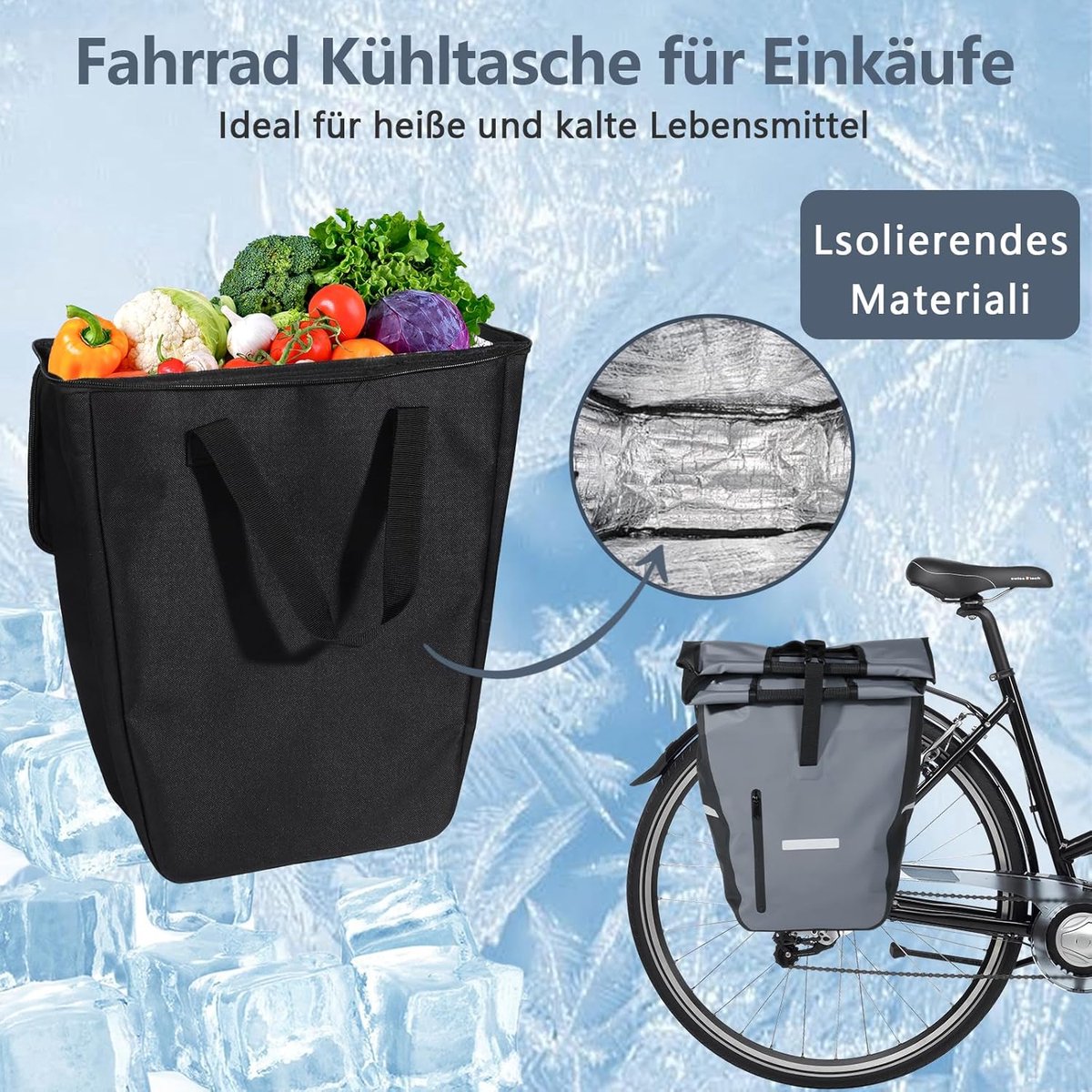 SnelShoppen - Fietstassen voor Bagagedrager 22-28 Liter, Waterdichte Fietstas met Uitneembare Koeltas voor Boodschappen, Fietsen, Camping, Reizen, Zwa