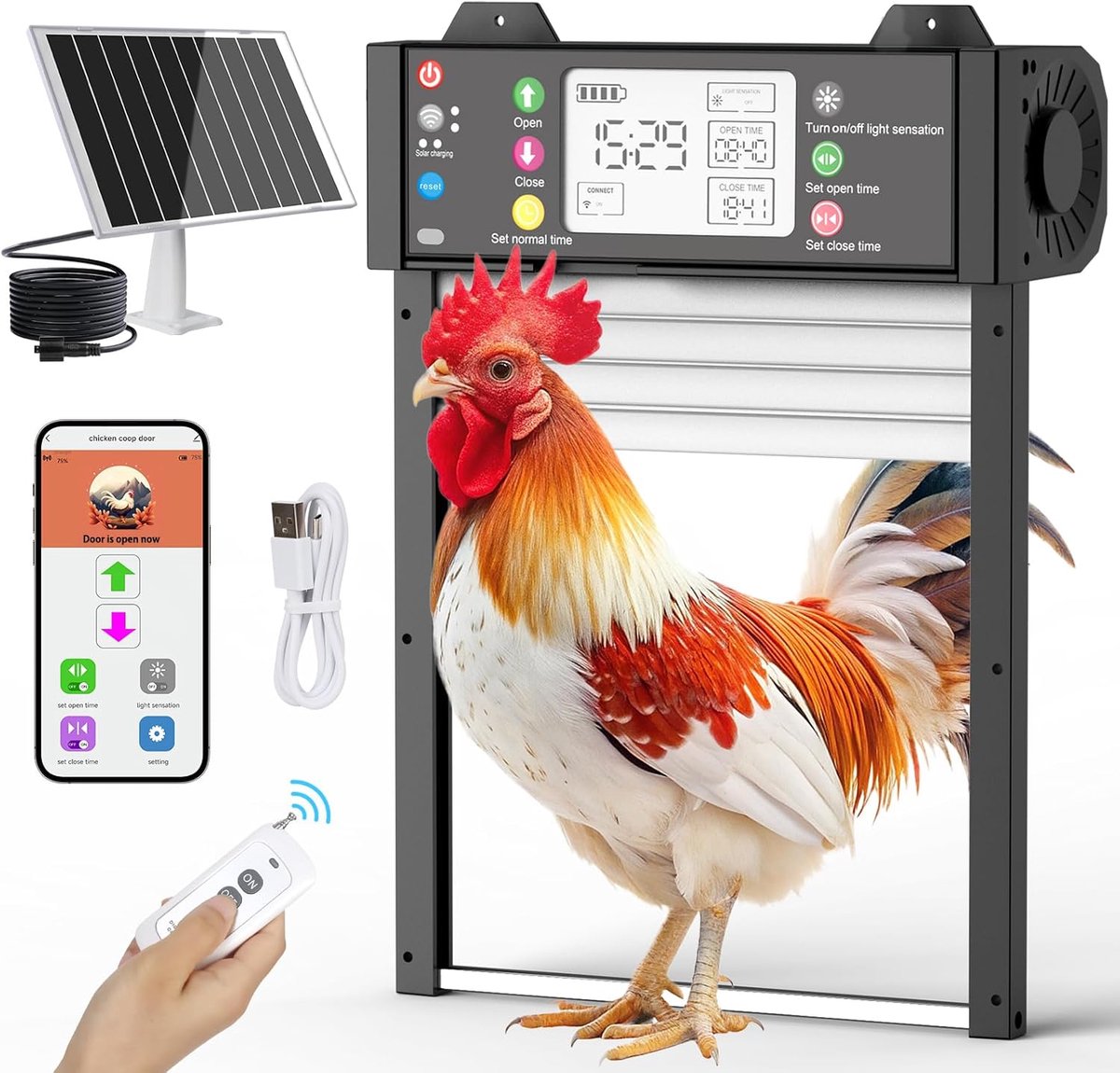 SnelShoppen - Automatische Zonnepaneel Kipdeur met Tuya App, Real-time Status, Wi-Fi Herverbinden, Timer, Lichtsensor, Afstandsbediening, Clamp Besche