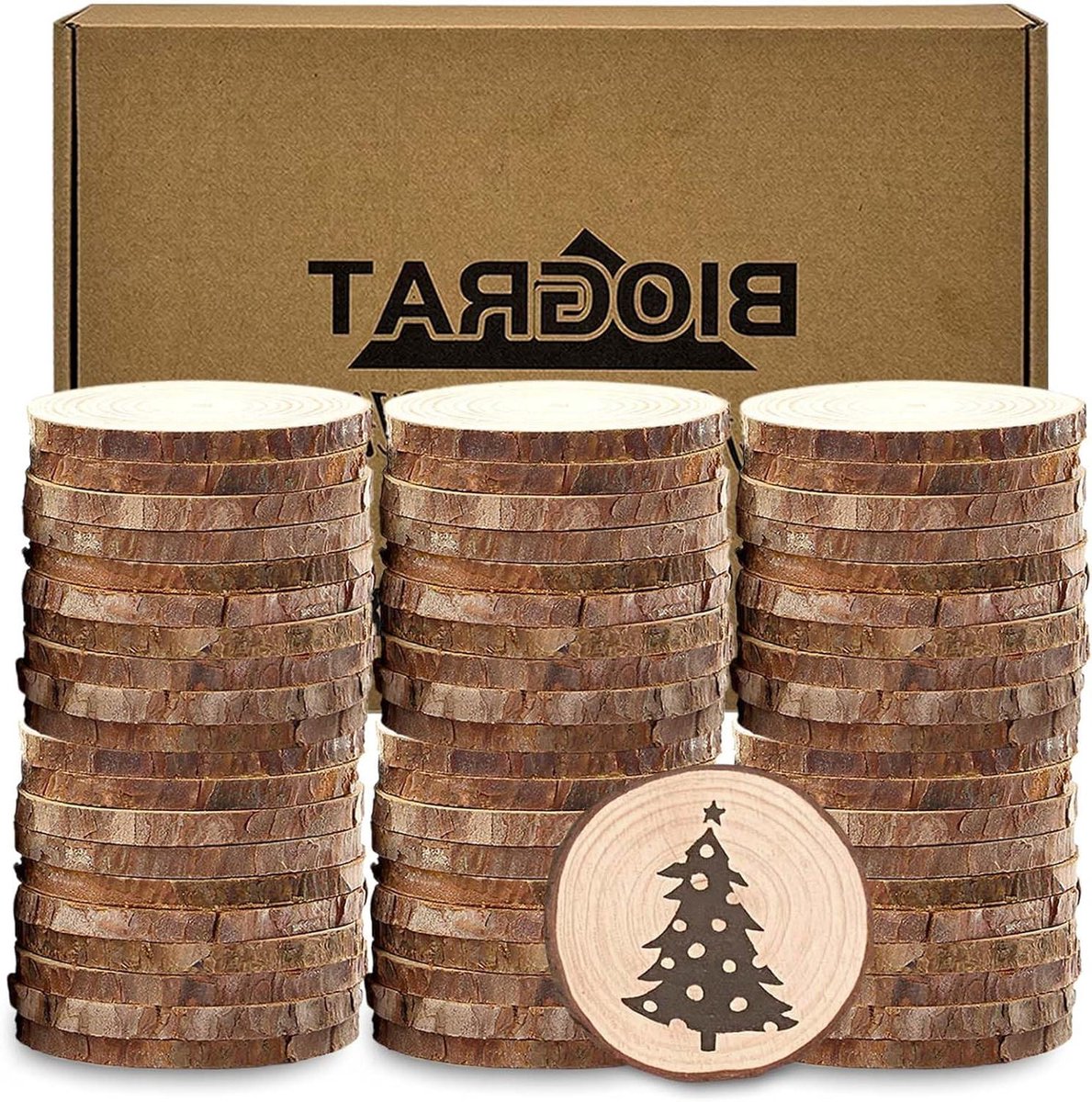 Houten schijven - Boomschijven knutselen - Creatief decoreren - Natuurlijk grenenhout met schors - 60 stuks 5 cm - Houtkleur