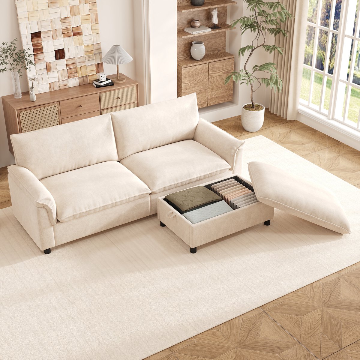 Sofa - Modulair cloud-sectional met diepe zit, 1 beweegbare voetenbank met opbergruimte & hoge rugleuning - 216x77x82 cm - Beige