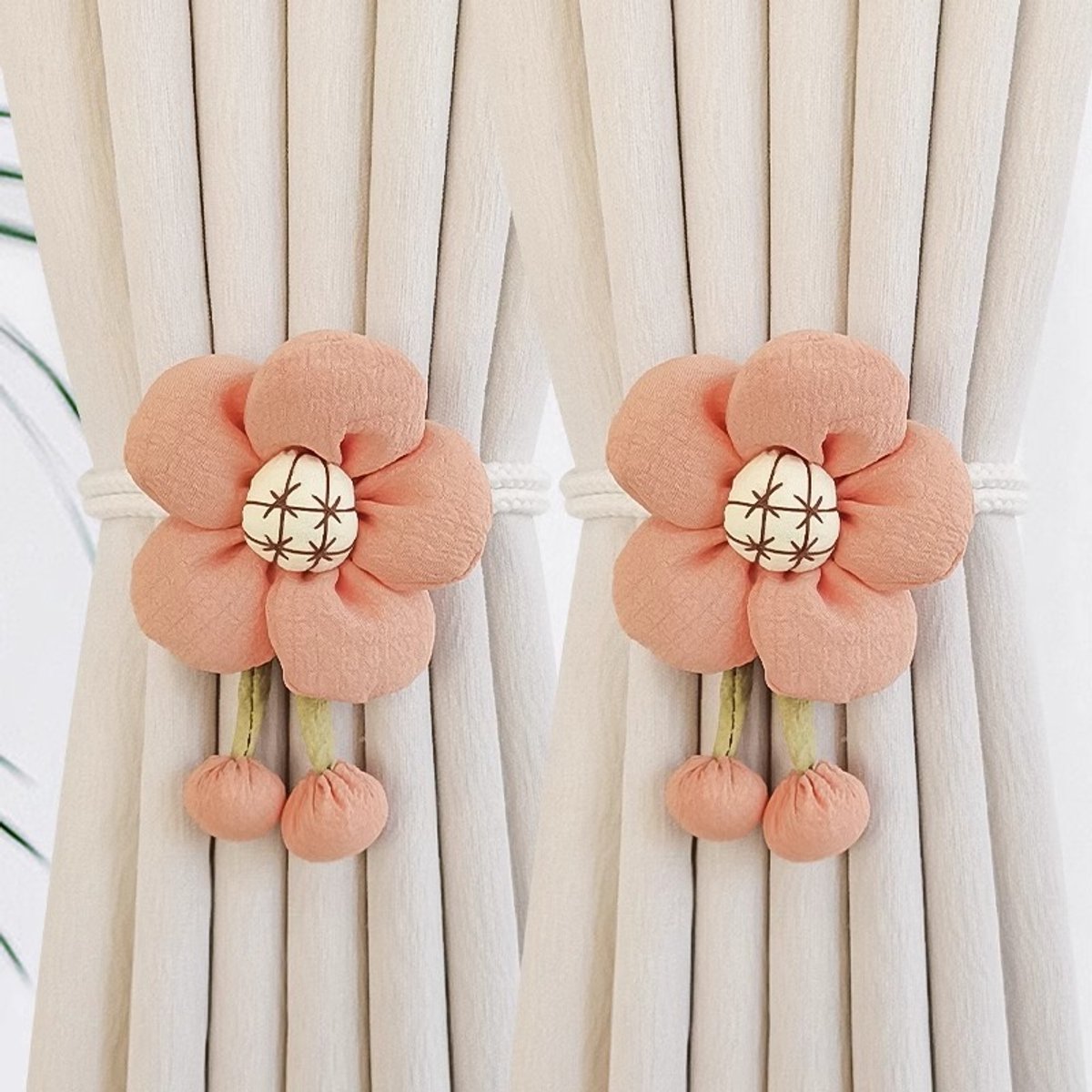 Gordijnhouder - Gordijn Embrasse Modern - Gordijnbinder Touw - Vijfsterrenbloem Gordijnbinders - Verstelbaar Lint - Bloem Ook Als Broche - 45cm - Geen Boren - Voor Woonkamer/Slaapkamer - Oranjerood - 45cm Per Stuk - 2 Stuks