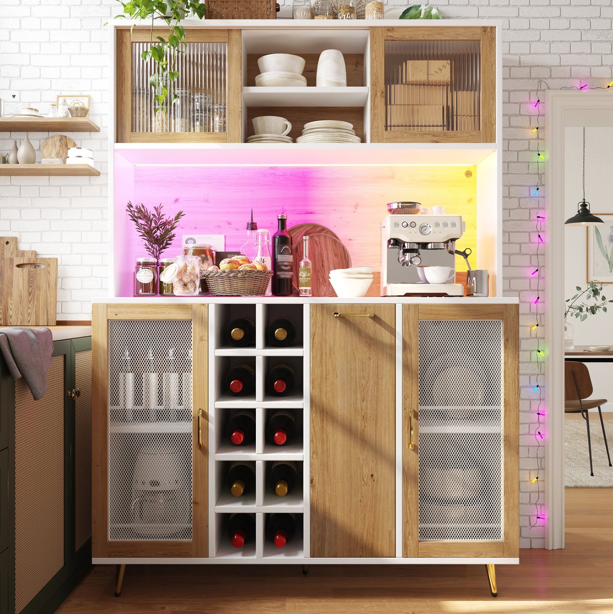 Wishdor - Buffetkast - met LED-verlichting, wijnrek en lade - multifunctionele keukenkast voor woonkamer of eetkamer - houtlook en wit - 120 x 40 x 170 cm