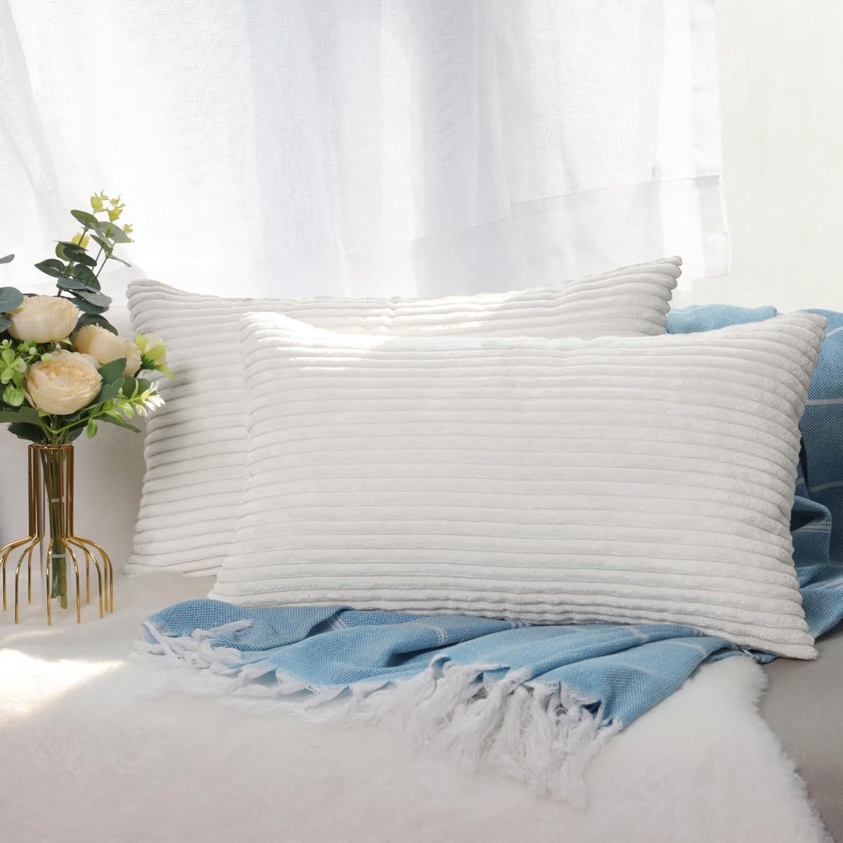 SnelShoppen - 2x CALIYO Kussenhoes 40x60cm, Crème Katoenen Corduroy Kussenhoezen met Onzichtbare Rits voor Bank, Woonkamer en Slaapkamer