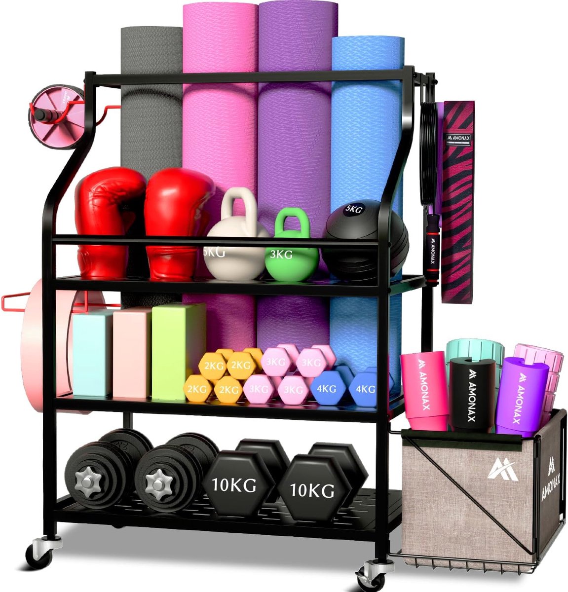SnelShoppen - Home Gym Opslag Rack voor Halters, Kettlebell, Yoga Mat, Barbell, Weerstandsbanden, Foam Roller, Fitness Accessoires Organizer, Stalen C