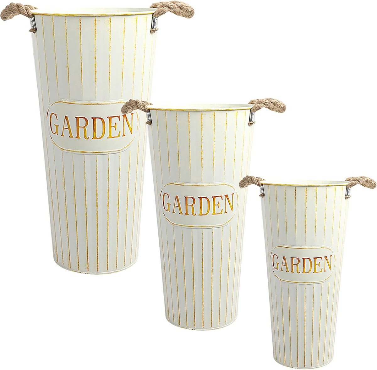SnelShoppen - Set van 3 Vintage Beige Metal Flower Vazen 35 cm, 30 cm en 25 cm Hoog - Rustieke Decoratieve Bloemenvazen met Jute Handvat voor Tuin, Ba