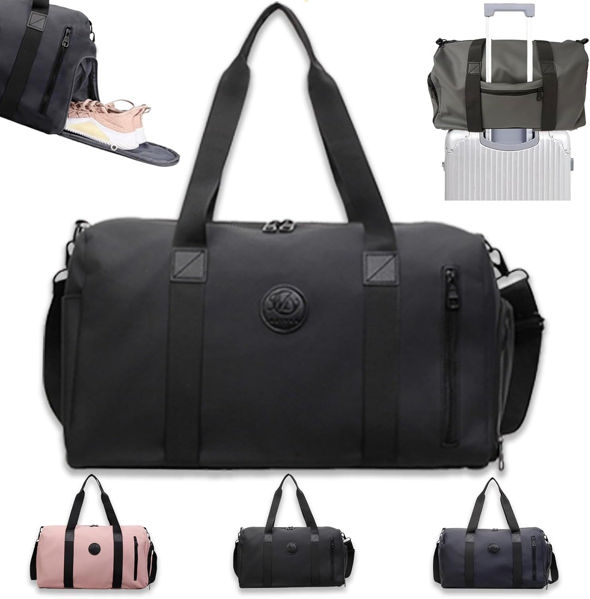 SnelShoppen - Sporttas Reistas Dames en Heren 46x22x26 cm Handbagage met Apart Schoenenvak en Vakken voor Nat - Weekendtas Zwemtas Gymtas Zwart