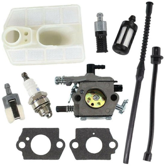 Set kettingzaagonderdelen: luchtfilter, carburateur, bougie, filters en slangen.
