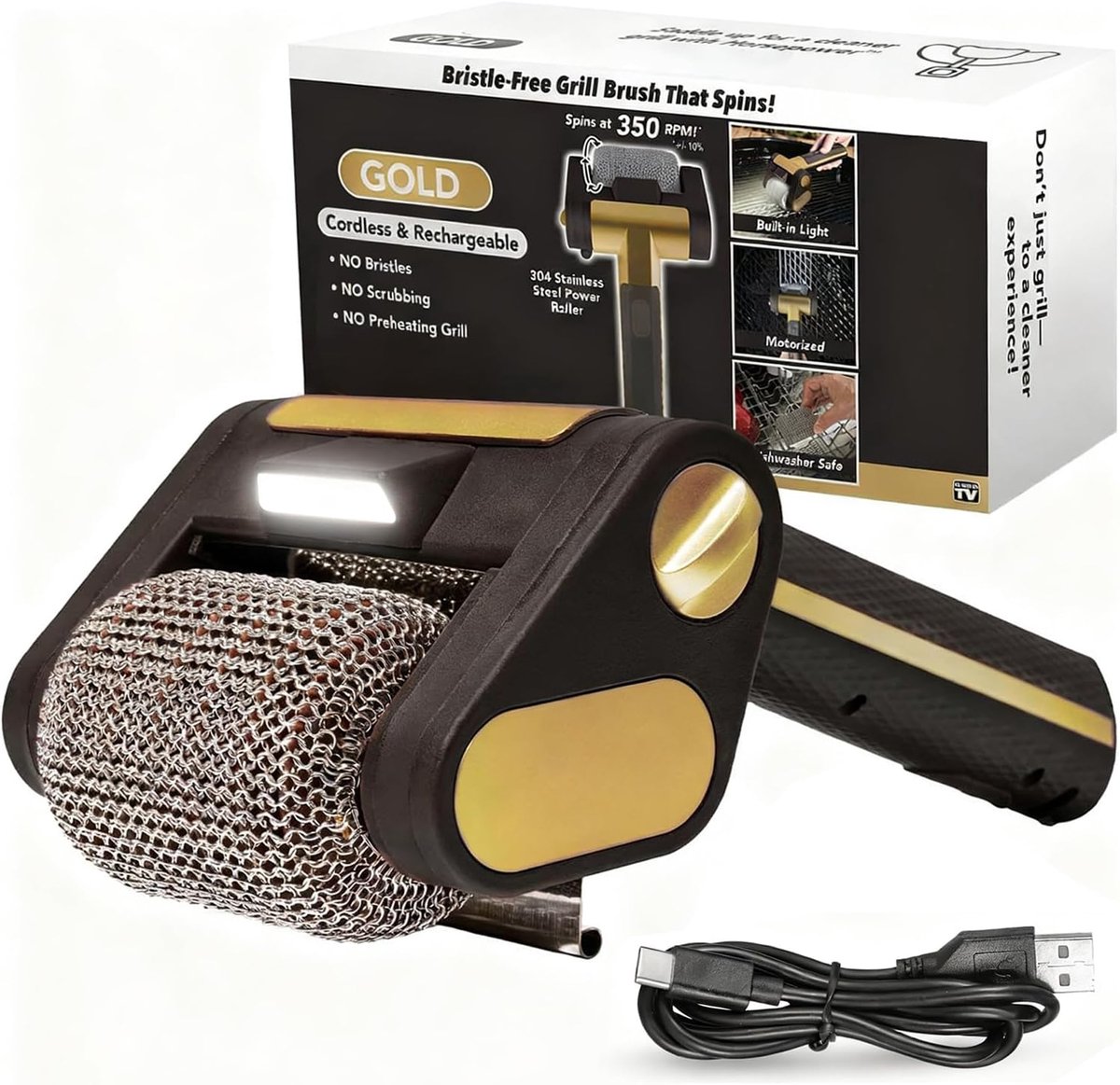 Ulisem - Barbecueborstel - 4000mAh draadloze elektrische barbecue reiniger - 350 RPM roestvrij stalen rol - Met LED verlichting voor donkere plekken - Borstelloos ontwerp - Afneembare kop vaatwasserbestendig - 3-4 uur batterij - Zwart