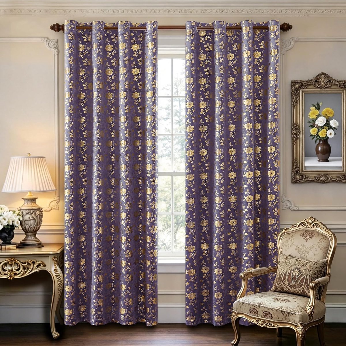 SnelShoppen - 2 Stuks Ystyle Blackout Gordijnen met Oogjes 140x280 CM, Retro Elegante Bloemmotief, Isolerende Gordijnen voor Warmte en Kou, Lichtpaars