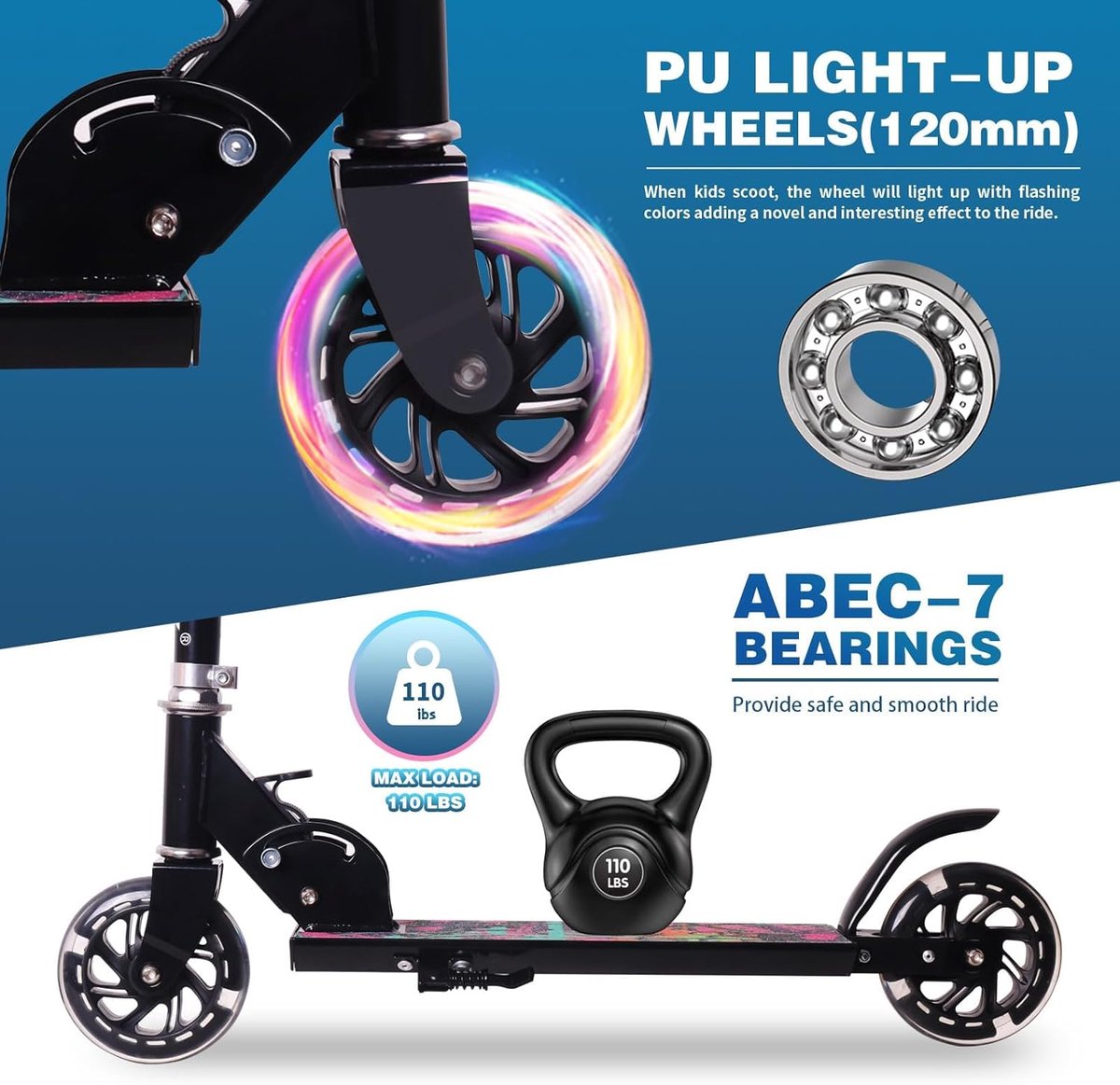 SnelShoppen - Nattork Scooter voor Kinderen, Opvouwbare Lichtgewicht Kinderstep met Rem, Hoogte Verstelbare Handgreep 71-81 cm, Tot 50 kg, Zwart, Voor