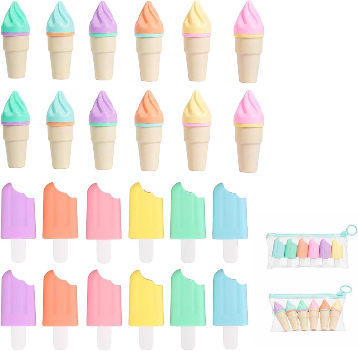 SnelShoppen - 24 Mini Markeerstiften voor Kinderen, Pastelkleuren, Ijsvormig, Fluorescerende Stiften, Handig voor School, Feestcadeautjes, Knutselset