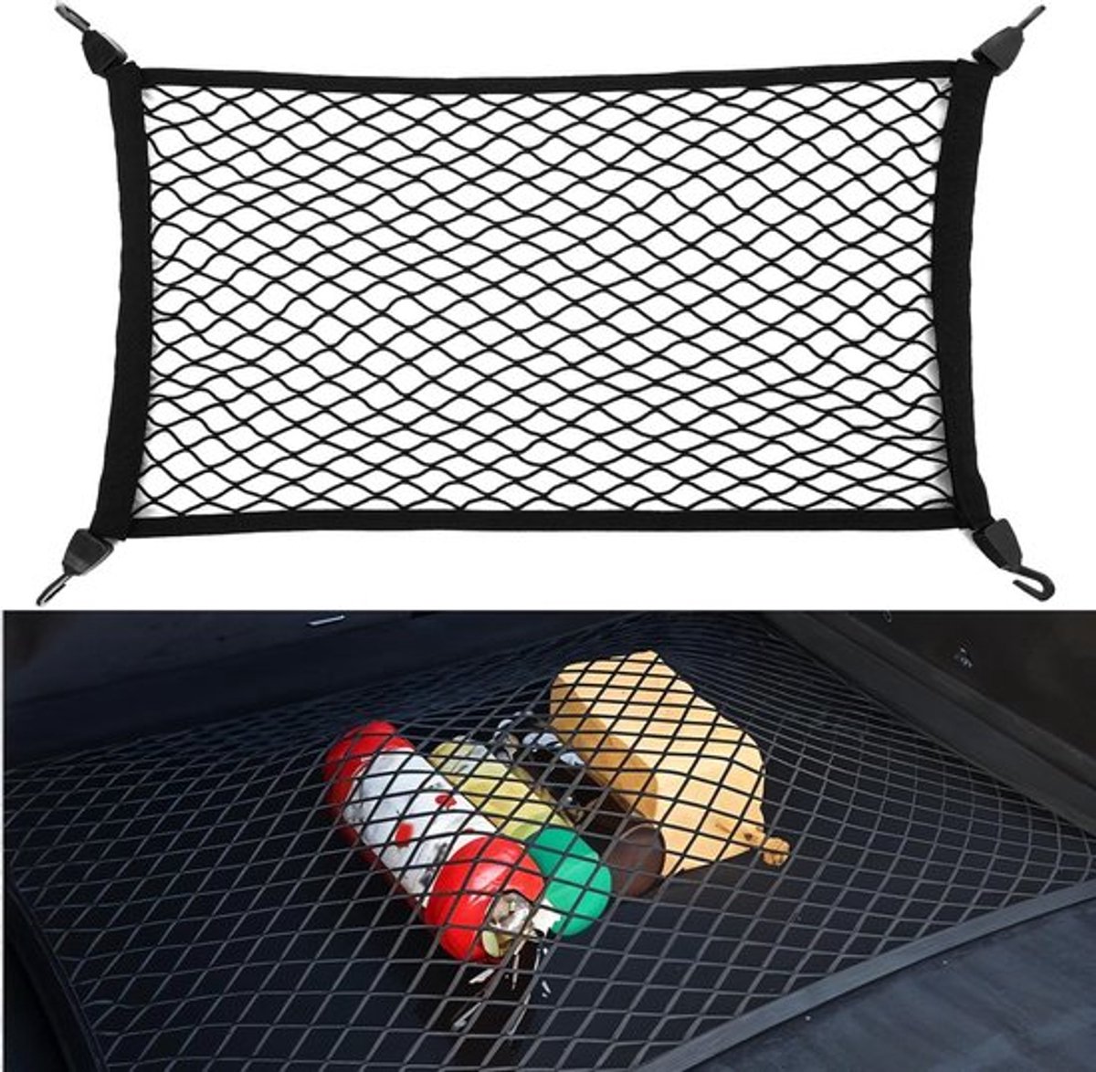Kofferbaknet voor auto, beveiligingsnet voor bagage, uitrekbaar van 70 x 40 cm tot 140 x 80 cm, elastisch gaas met 4 haken, bagagenet voor organisatie, geschikt voor de meeste auto's