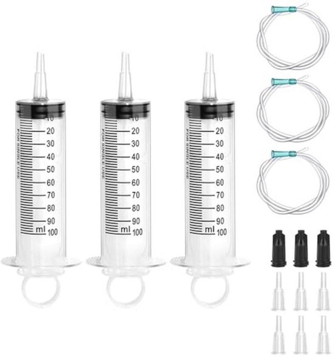 3 stuks 100 ml doseerspuiten met slang en adapters voor laboratoria en industrie