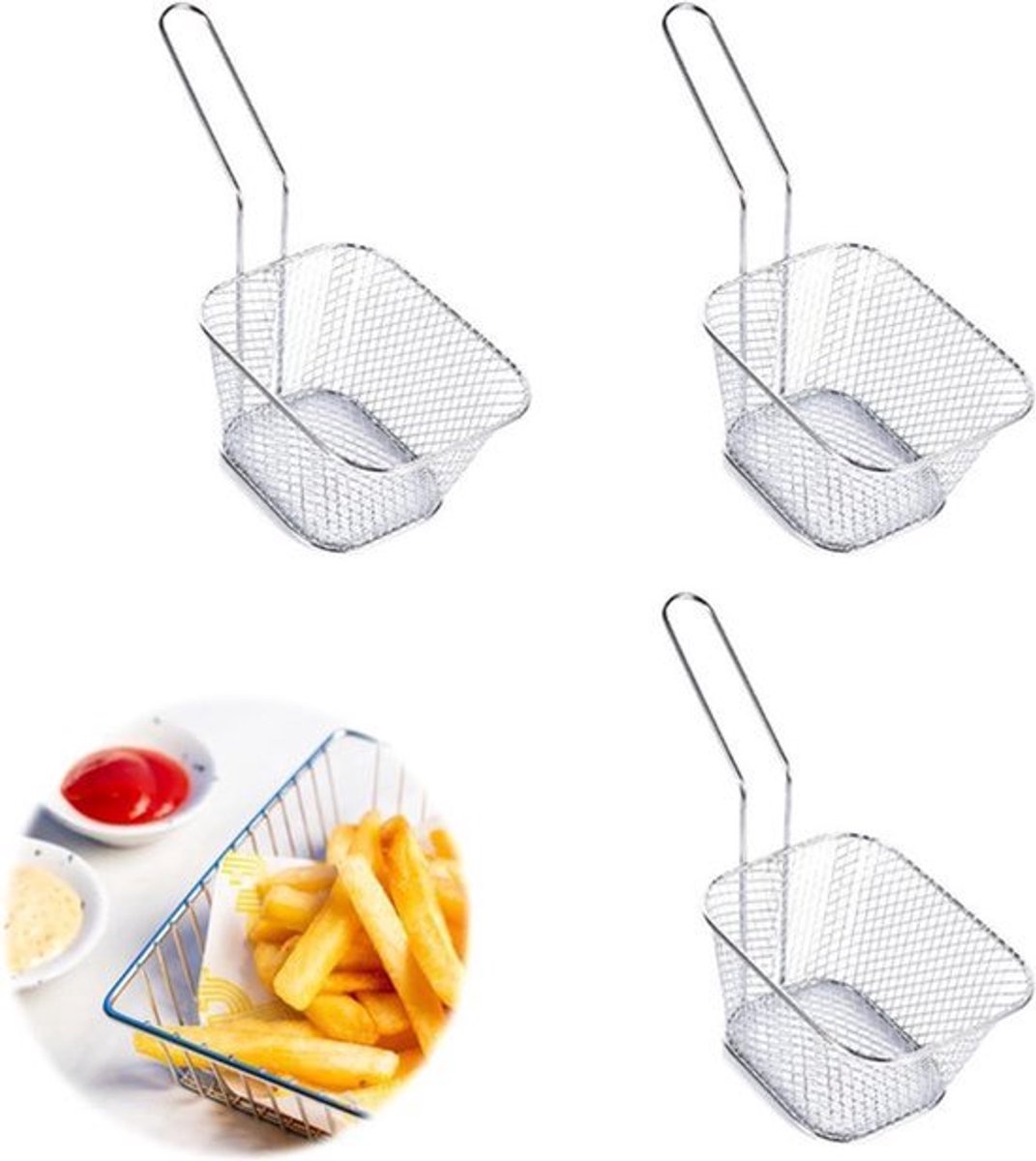 Kleine frituurmand van roestvrij staal - Mini-mand voor friet met handvat (3 stuks)
