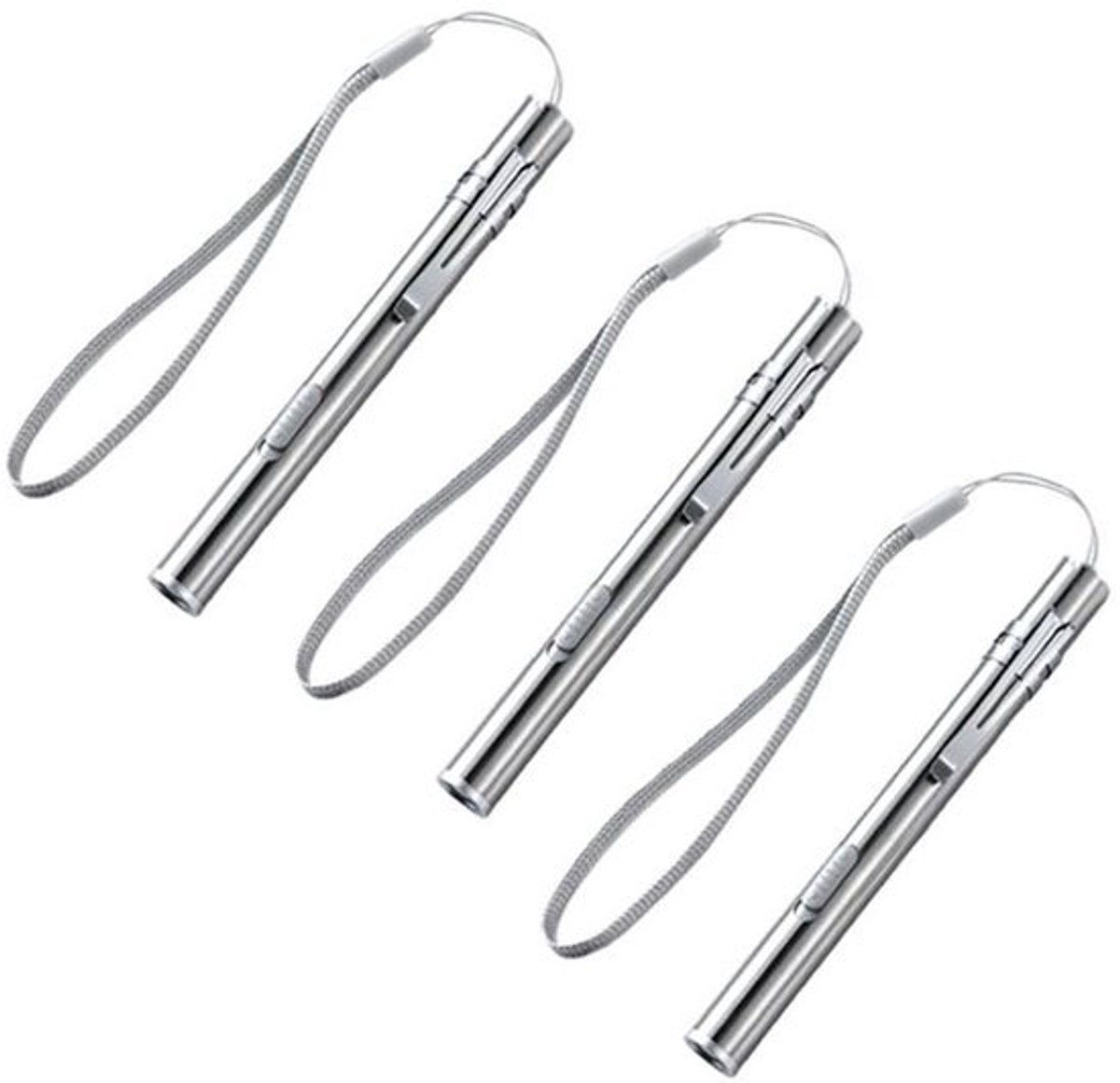 Een set van drie oplaadbare LED-zaklampjes in penvorm - inclusief USB-oplaadkabel - waterdichte mini-zaklampjes - roestvrij staal - met clip - geschikt voor machineonderhoud en noodverlichting - compact ontwerp - past in portemonnees en werktassen