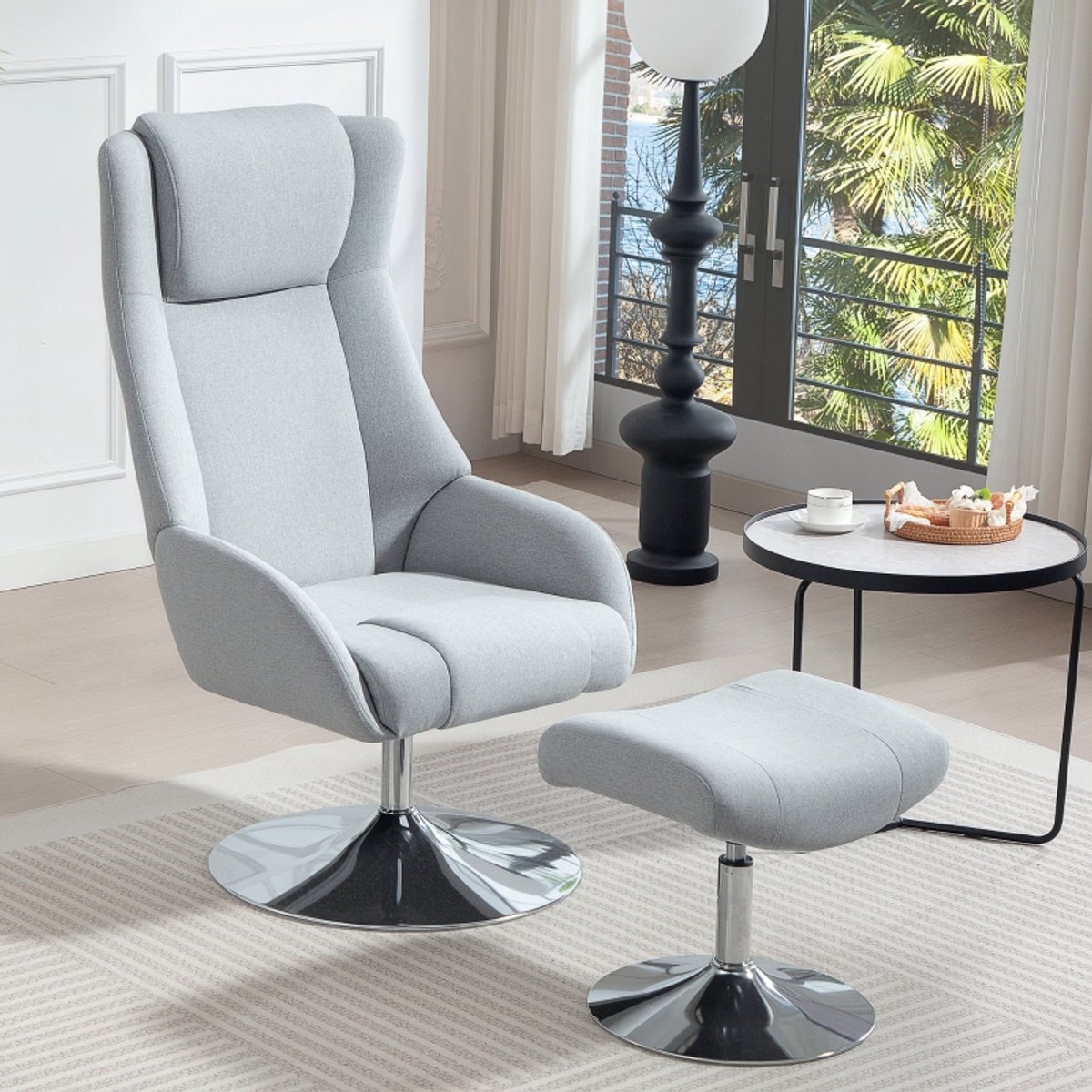 MODENUIT Relaxfauteuil 68 x 84 x 118 cm - Draaibaar met Voetenbank - Woonkamer en Slaapkamer - Stof Grijs