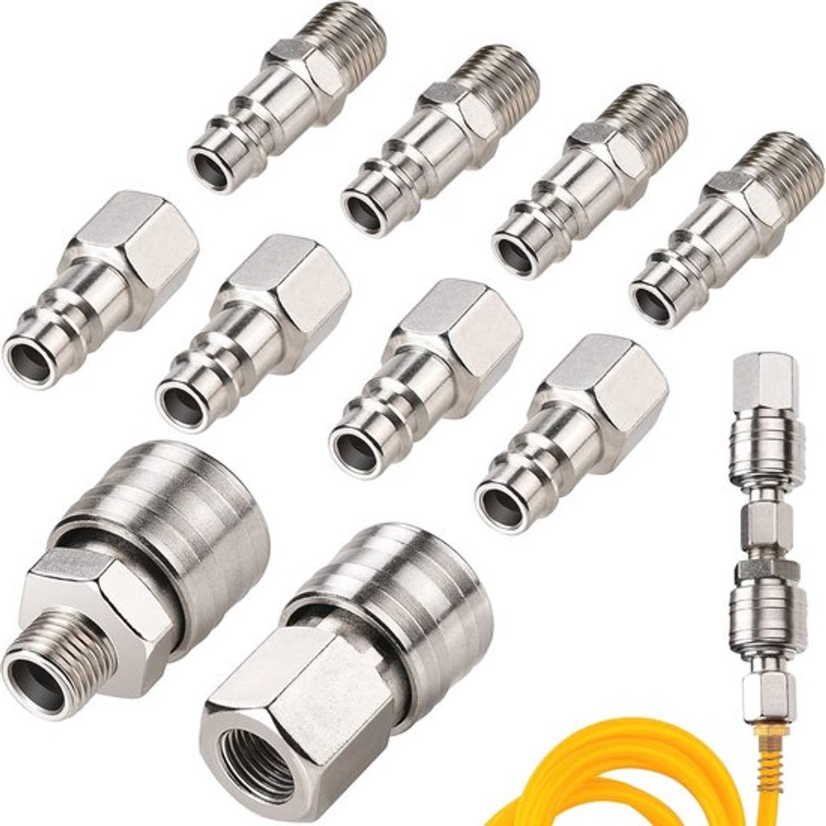 Compressorfittingen - 10 stuks compressorfittingen 1/4" BSP Europese pneumatische snelkoppeling Lucht-pneumatische koppeling compressorkit Luchtaccessoire Persluchtslangconnector Mannelijk Vrouwelijk