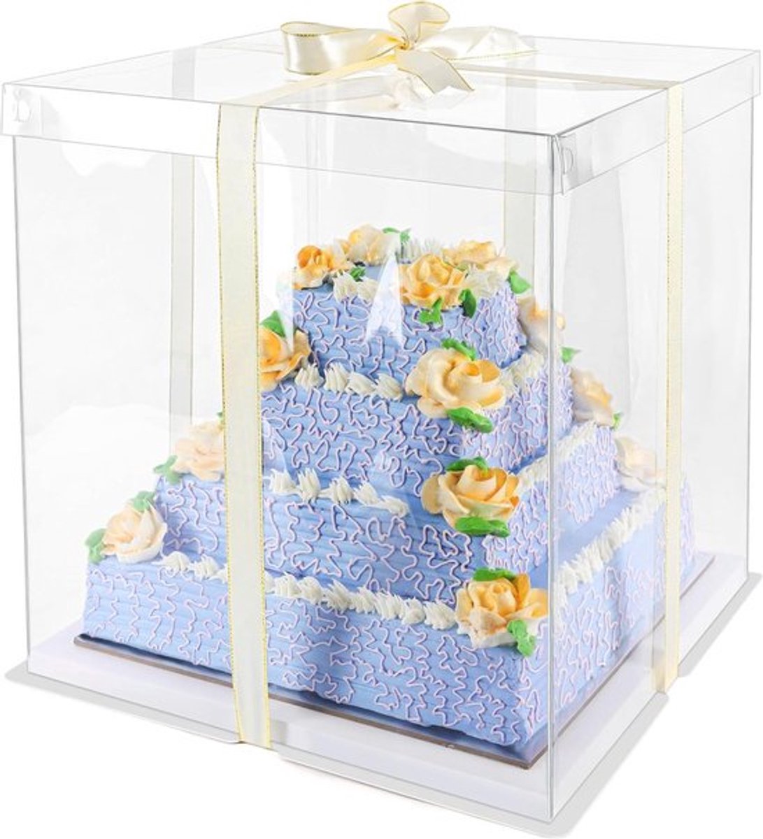 Transparante hoge taartdoos - Taartonderlegger - Met lint - Gouden taartdoos - Cake bewaardoos - Feesten partijen - 35 x 35 x 38cm.