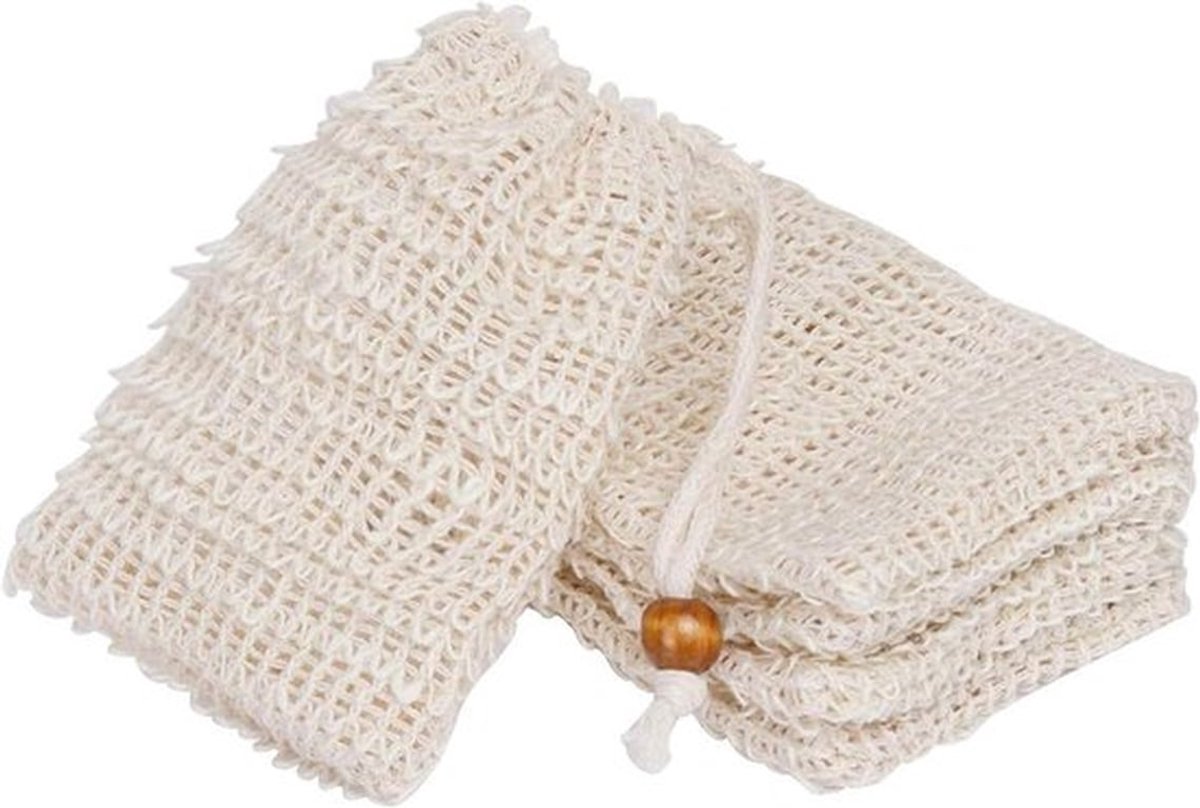 Set van 5 sisal zeepzakjes - Biologisch - Natuurlijk - Zeep en zeepresten - Opschuimen en drogen - Peeling - Massage - Badkameraccessoires