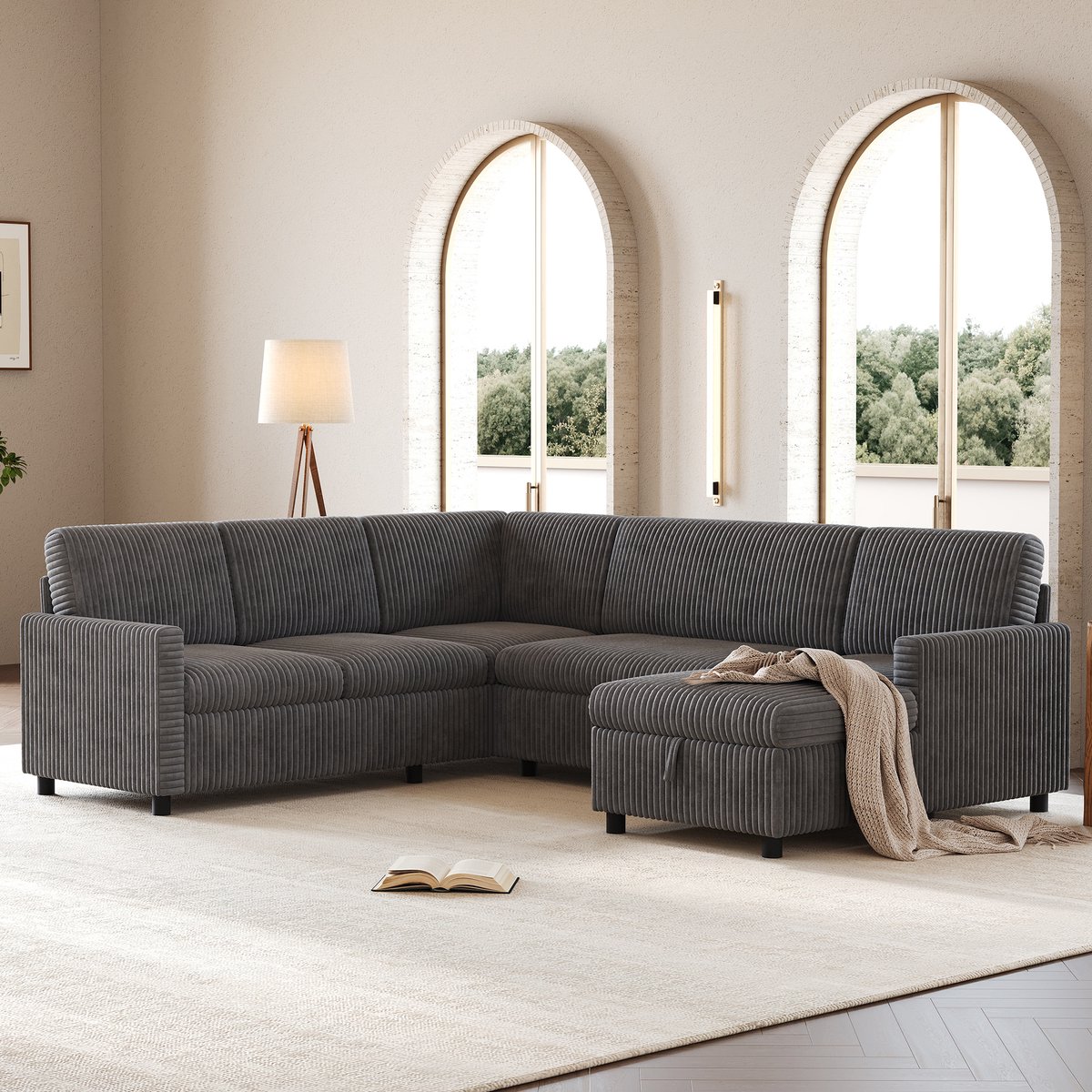 Sofa - U-vormige slaapbank met uitschuifbare slaapfunctie, corduroy stof, chaiselongue met opbergruimte - 220x274x85 cm - Grijs