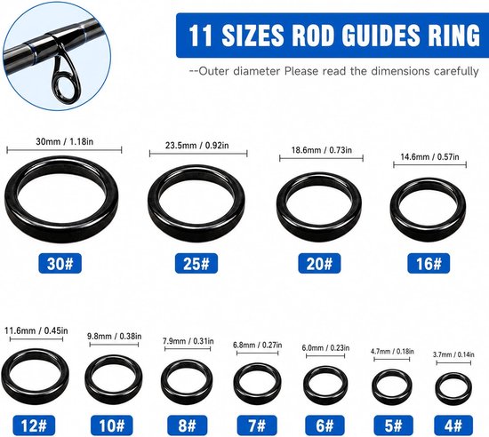 SnelShoppen - Hengelgeleiding Hengelringset 11 Maten SIC Keramiek 4#-30# voor Vissen, Spinhengel, Zeevengel, Telescopische Hengel, Zwart — afbeelding 5