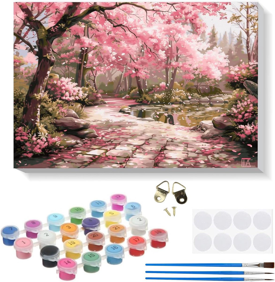 SnelShoppen - Paint by Numbers Set voor Volwassenen en Kinderen, Cherry Blossom Schilderij met 20x30cm Houten Lijst, DIY met Kwasten en Acrylverf, Han