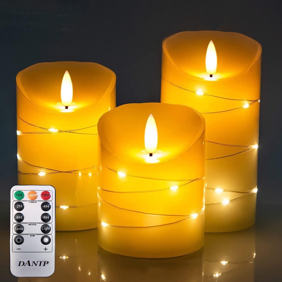 SnelShoppen - 3-delige Led-vlamloze kaarsen met afstandsbediening, echte was, ingebouwde lichtketting, 24-uurs timer, dansende vlam, sfeervolle verlic