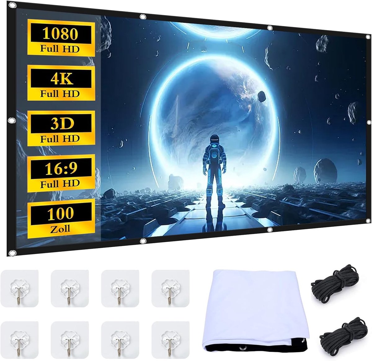 SnelShoppen - Canvas Projector 100 Inch 16:9 HD Vouwbaar Scherm 221 x 125 cm Antikreuk Dubbelzijdig Projectiescherm Voor Buiten, Thuisbioscoop, Kantoo