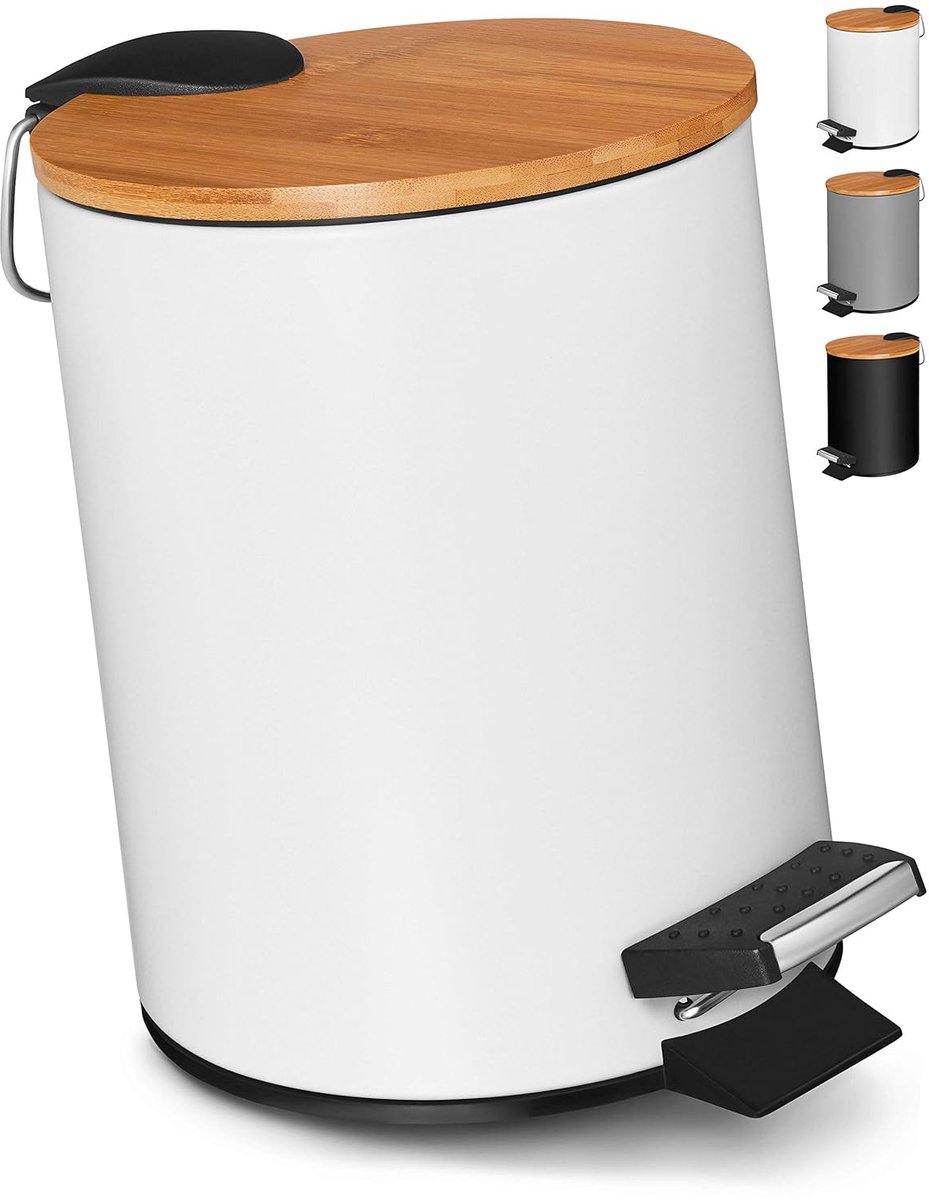 SnelShoppen - 3L Cosmetic Bin in Stijlvol Wit Design - Pedal Bin met Soft-Close Mechanisme - Elegante Badkamer Emmer met Binnenemmer en Bamboo Houten