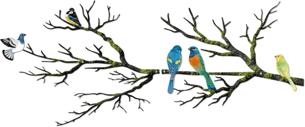 SnelShoppen - ESTART Metaal Wanddecoratie Vrolijke Vogels op Tak, Grote Zwarte Bladeren, Buiten Wandkunst voor Thuis, Balkon & Tuin, Kleurvol, Uniek D