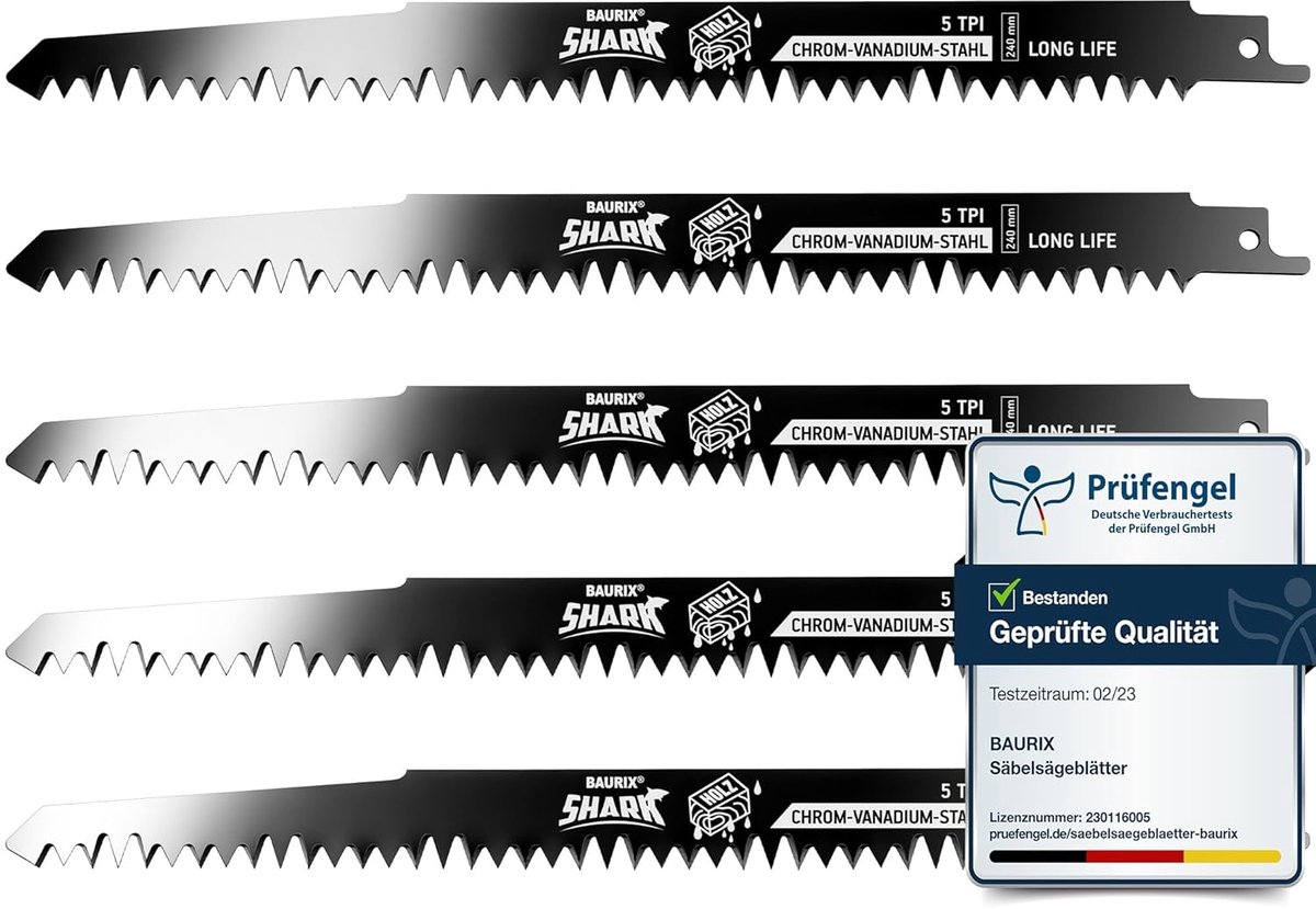 SnelShoppen - Reciprocating zaagbladen SHARK [5 Stuks] - 240 mm - 5 TPI - Houtzaagbladen voor Snelle en Schone Sneden - Voor Ruw Hout, Vochtige Hout,