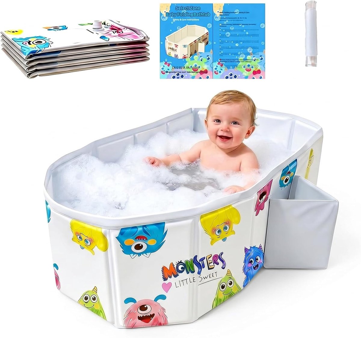 SnelShoppen - Grote Vouwbare Baby Badkuip met Schattig Monster Design, Ruimtebesparend en Draagbaar, Ideaal voor Kinderen van 0-6 Jaar, Inclusief Afvo