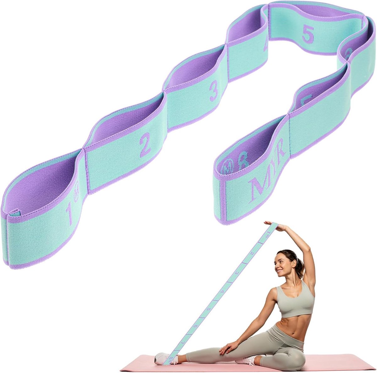 SnelShoppen - Yoga Stretchband met 8 Lussen, Elastische Fitnessband voor Yoga, Pilates, Dans en Gymnastiek, Huidvriendelijk Nylon-Neopreen, Pauwblauw
