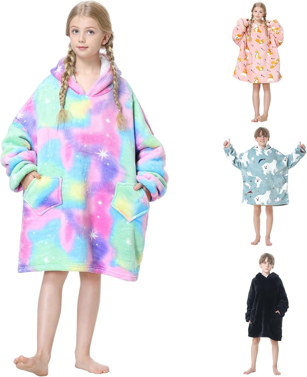 SnelShoppen - Oversized Hoodie Blanket voor Kinderen - Super Zacht en Comfortabel met 2 Pocket - Flanel - Perfect voor Thuis, Camping, Feestjes, Binne