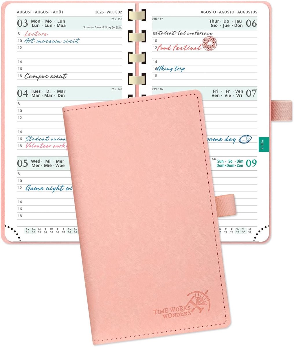 SnelShoppen - Pocket Agenda 2026 2027 - Weekly Planner 16.5 x 9 cm - Spiraalbinding - 17 Maanden - Soft Cover - Pink - Perfect voor Studenten en Dagel