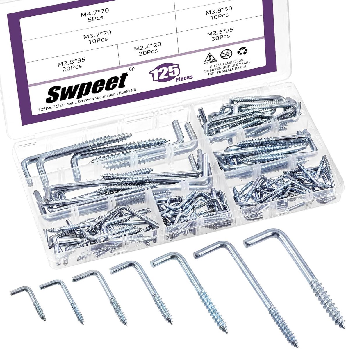 SnelShoppen - 125 Stuks Bevestigingshaken Kit - 7 Maten Blauwe Witte Metalen Schroef Haakjes - L Vormige Zelftappende Bevestigingshaken voor Thuis en