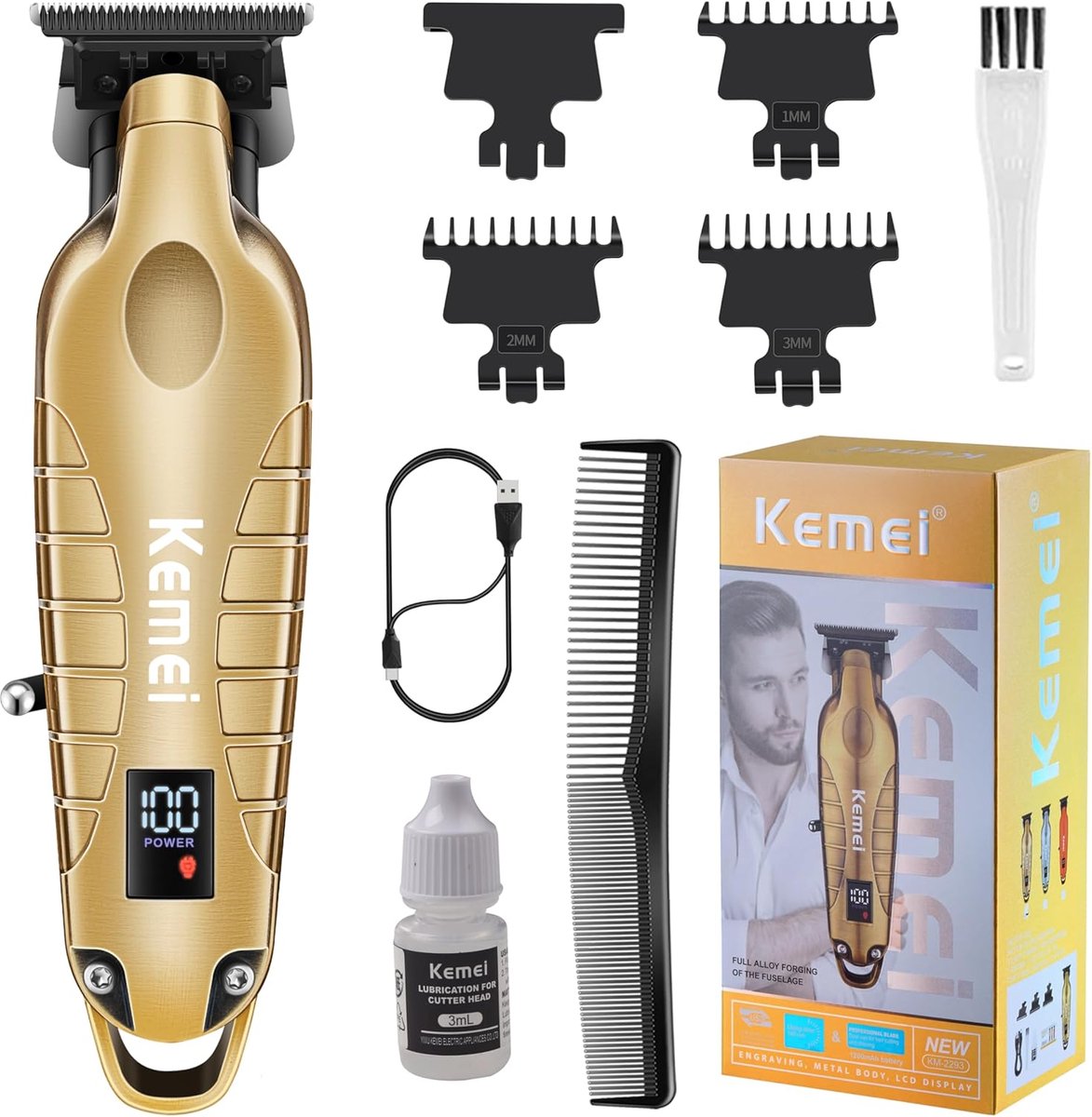 SnelShoppen - Professionele Haar- en Baardtrimmer voor Mannen - Draadloze Haarclipper met T-blade en 3 Lengtebeschermers - Goudkleurig en Oplaadbaar