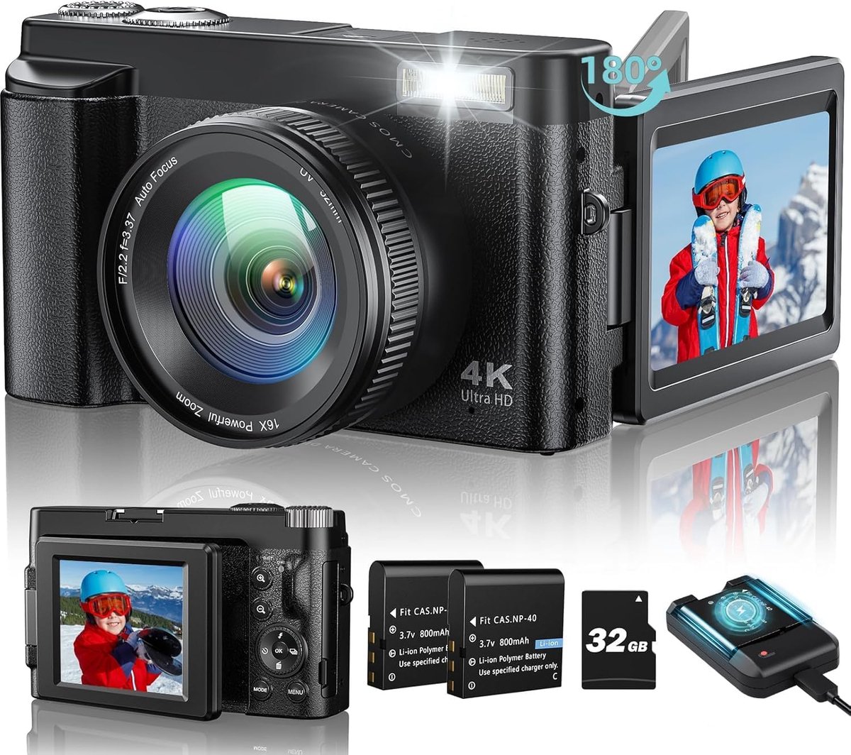 SnelShoppen - 4K Digitale Camera 48MP Compact Camera met Auto Focus, 180° Flip Screen, 16x Digitale Zoom, 32GB Geheugenkaart en 2 Batterijen voor Begi