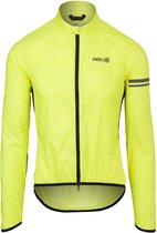 Neongele fietsjas met zwarte rits en logo op de borst. Zwarte strepen op mouwen.