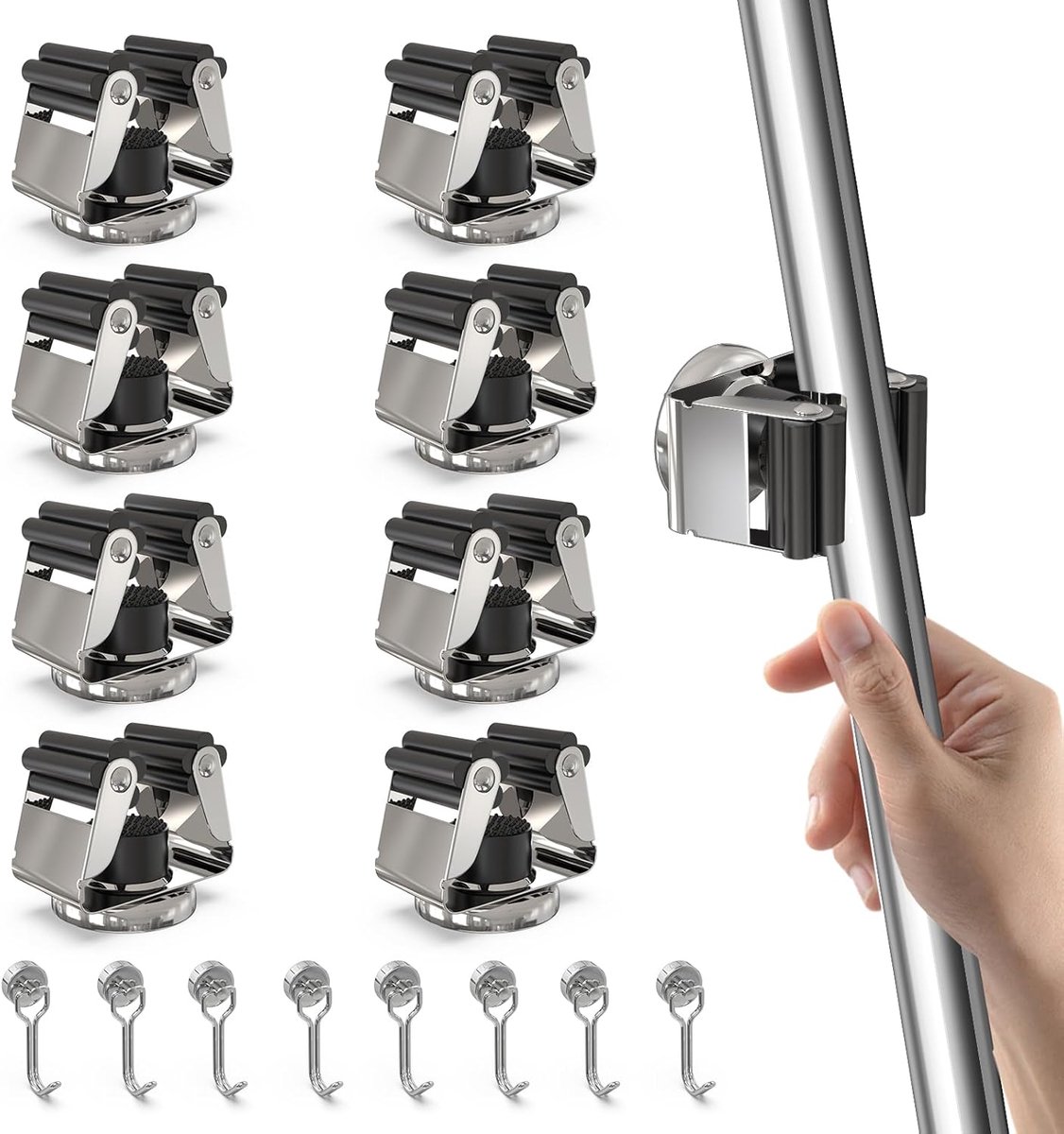 SnelShoppen - 3-H Magnetische Broom Holders - 8 Stuks - RVS Gereedschap Houder - Wandbevestiging voor Keuken, Badkamer, Garage, Tuin, Thuis