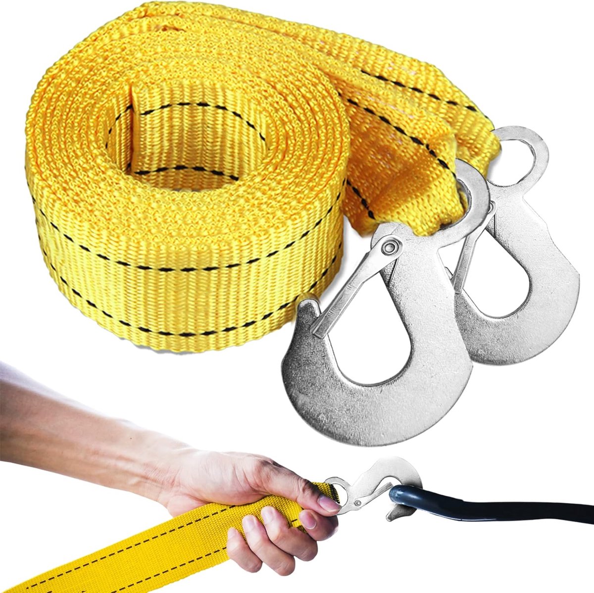SnelShoppen - 3m Sleepkabel tot 3 Ton met Dubbele Haak - Dikke en Verbrede Sleeplijn - Elastische Redkabel in Geel - Ideaal voor Autopech, Camping en