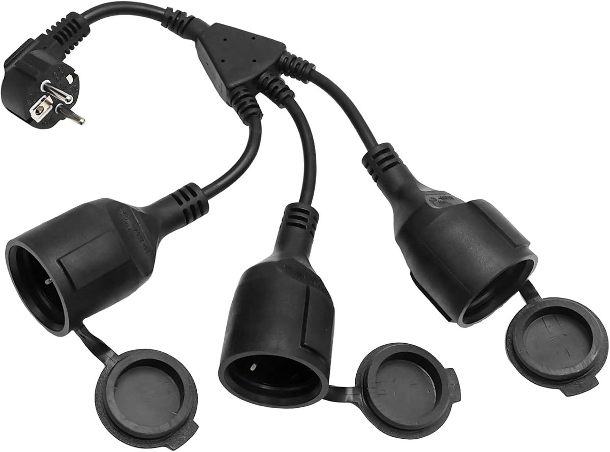 SnelShoppen - Verlengkabel voor buiten met 3 stopcontacten, waterdicht IP44, ideaal voor tuin, camping, kantoor, feest, 10 meter, geaard, zwart
