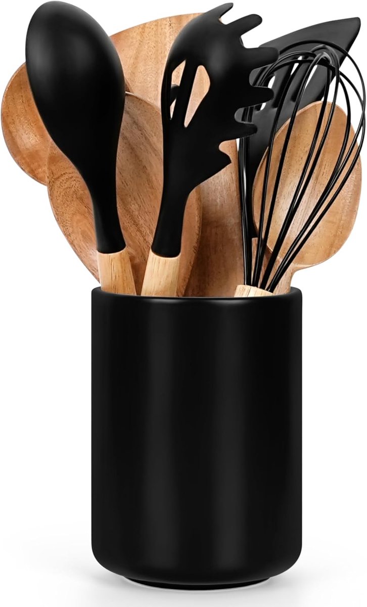SnelShoppen - Winter Shore Grote Keuken Materialen Container - Keramische Bestekhouder - Porselein Keuken Gereedschap Houder - Zwarte Bestek Pot Organ