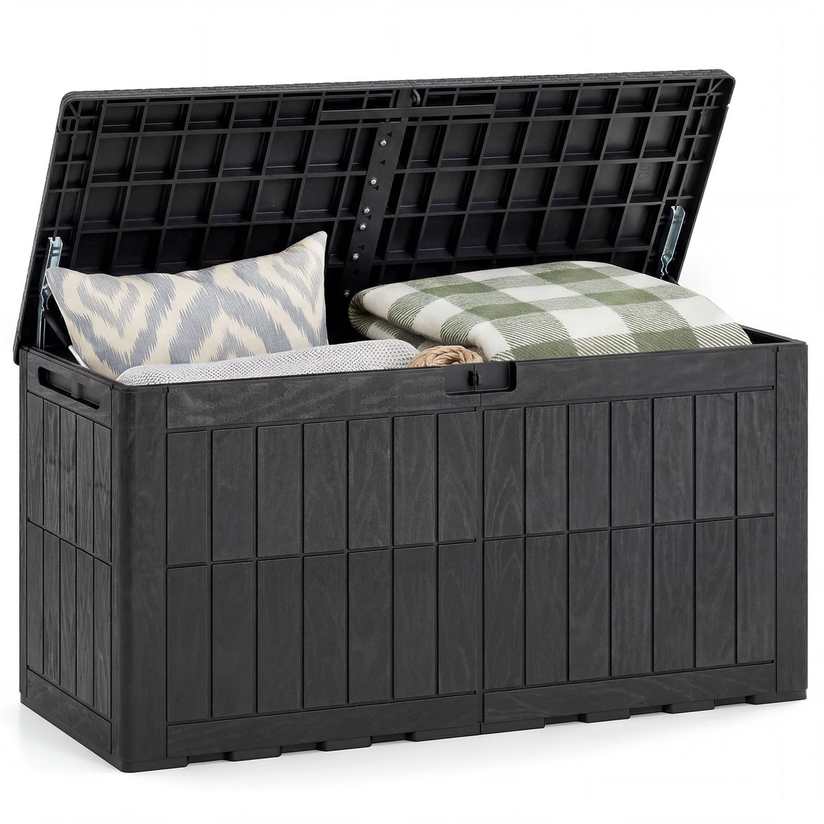 COSTWAY Tuinbox Outdoor met afsluitbaar deksel (zwart, 380 l) | Opbergdoos met gasveren en handgrepen, weerbestendige kussenbox voor tuin, terras en balkon