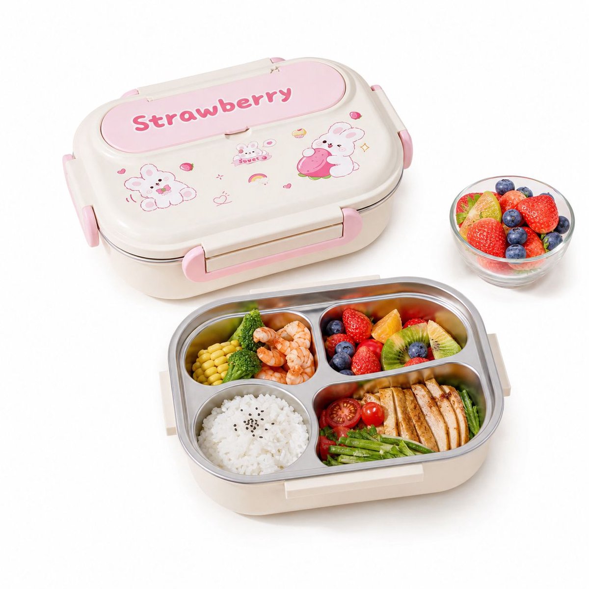 VHV - Broodtrommel - Lunchbox - Lunchbox met Vakken - RVS Binnenbak - Met Warmhoudfunctie - 4 Vakken Broodtrommel voor Kinderen - Lekvrij met Bestek - 28x20.5x8.8 cm - Cartoon Design - Roze