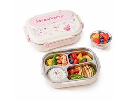 VHV - Broodtrommel - Lunchbox - Lunchbox met Vakken - RVS Binnenbak - Met Warmhoudfunctie - 4 Vakken Broodtrommel voor Kinderen - Lekvrij met Bestek - 28x20.5x8.8 cm - Cartoon Design - Roze