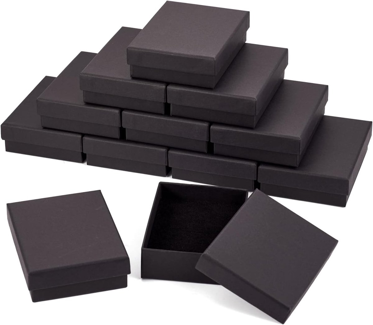 SnelShoppen - 24 Stuks Zwarte Kraft Sieraden Dozen met Deksel 9x7cm Rectangulaire Cardboard Cadeauverpakkingen met Spons Binnen voor Opslag en Present