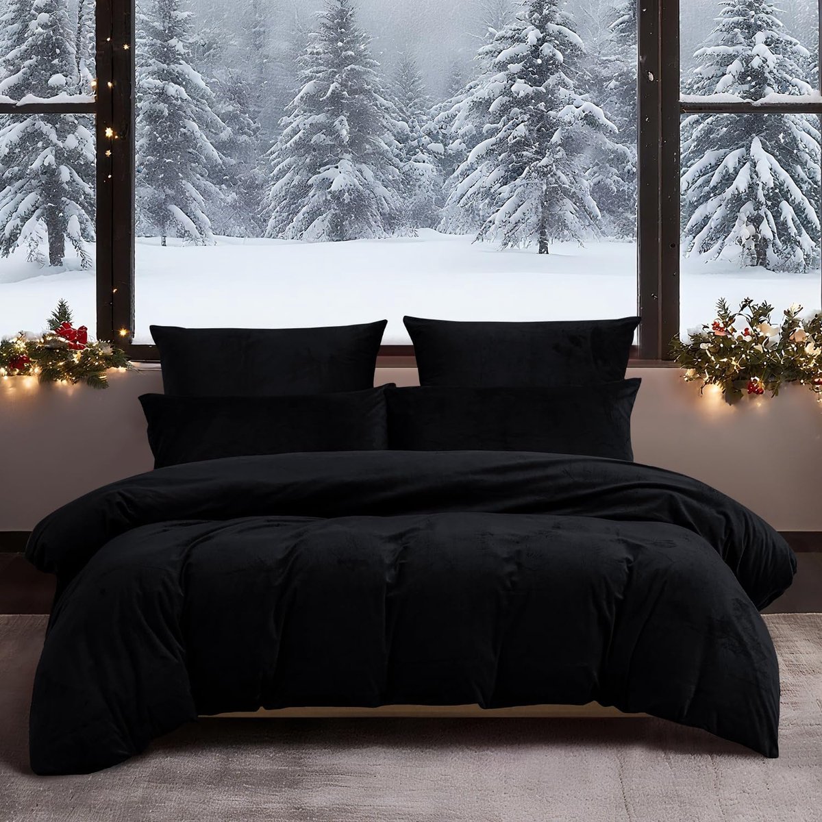 SnelShoppen - Winter Bedding 200x220 cm Zwart Uni Fluffy Velours Fleece Dekbedovertrek Set met 2 Kussenslopen 80x80 cm - Warm en Cuddly voor de Koude