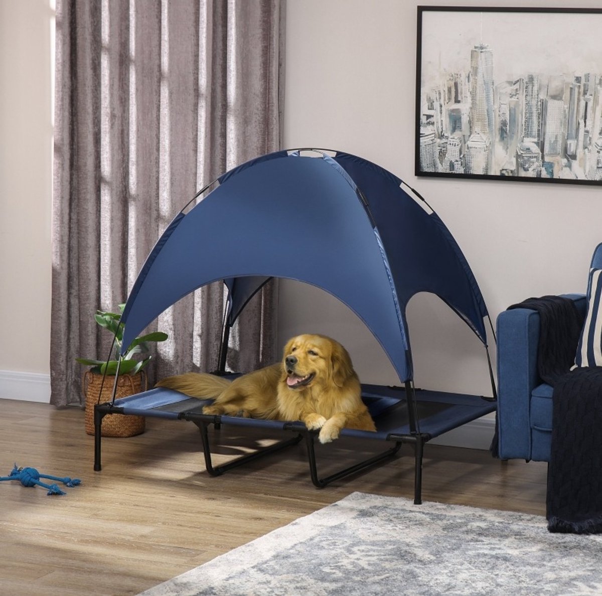 DESMIU Stretcher Voor Dieren – Verhoogd Met Baldakijn En Opvouwbaar – 122 x 92 x 108 cm – Staal – Donkerblauw En Zwart – Voor Buiten